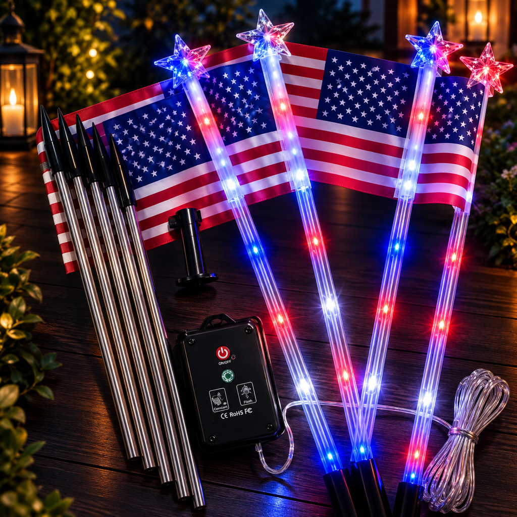 Solar Patriotic Star Garden Light-1-to-8 Flag Light Set