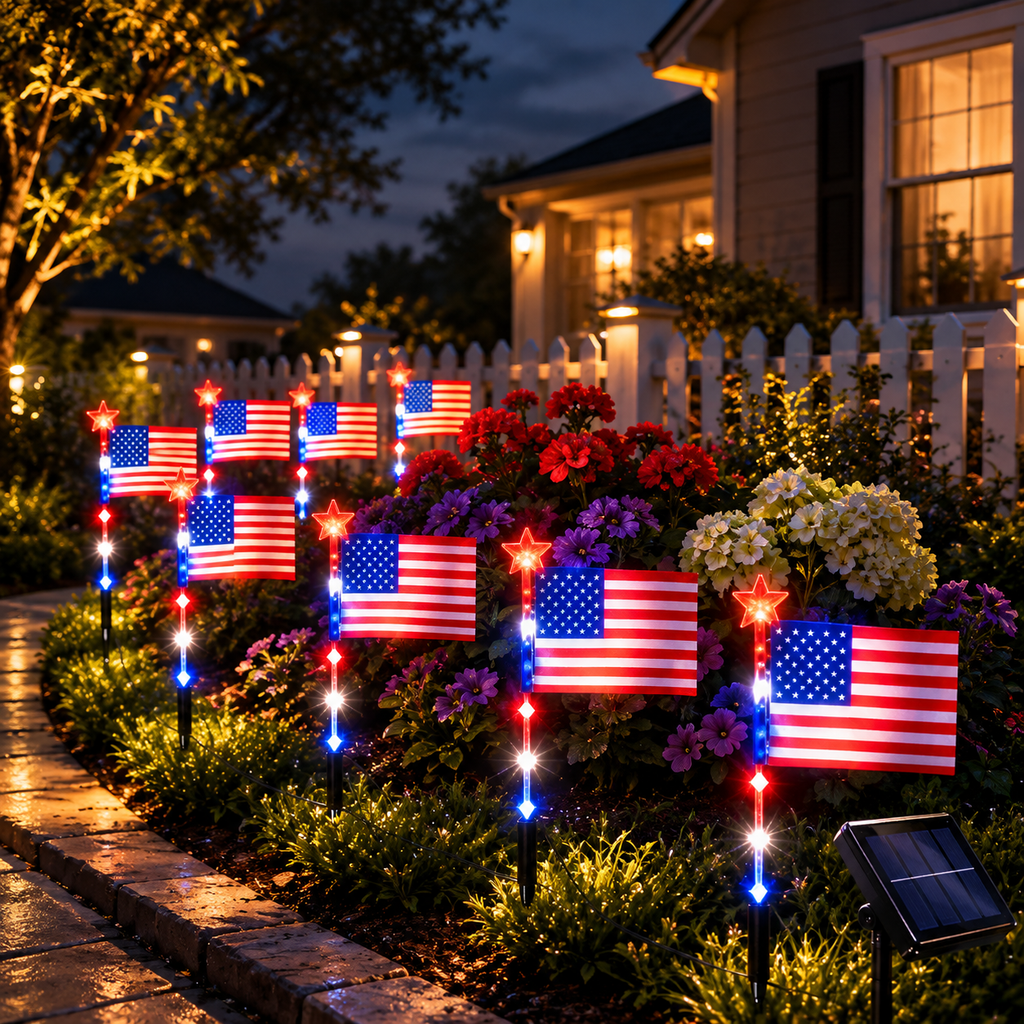 Solar Patriotic Star Garden Light-1-to-8 Flag Light Set