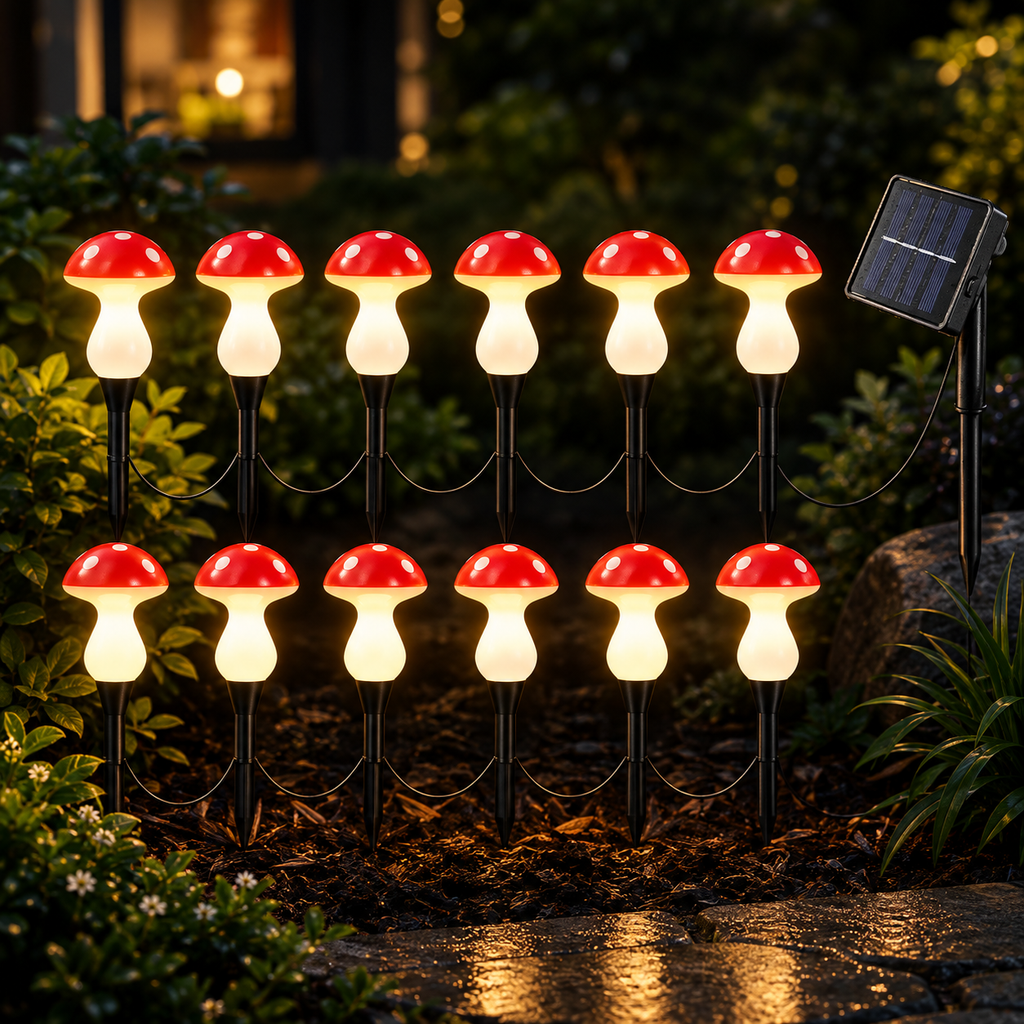 Solar Mushroom String Lights Outdoor, Waterproof LED Creative Shape Fairy Lights for Christmas & Garden Decoration