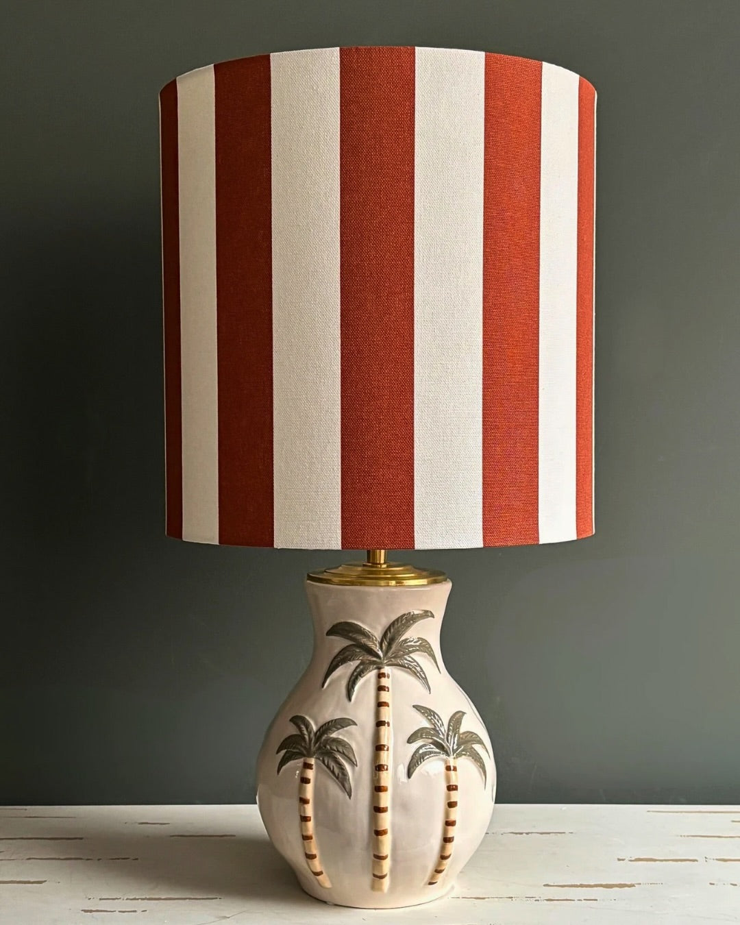 Coastal Palm Ceramic Table Lamp with Striped Shade – Handmade Tropical Accent Lighting for Elegant Home Décor