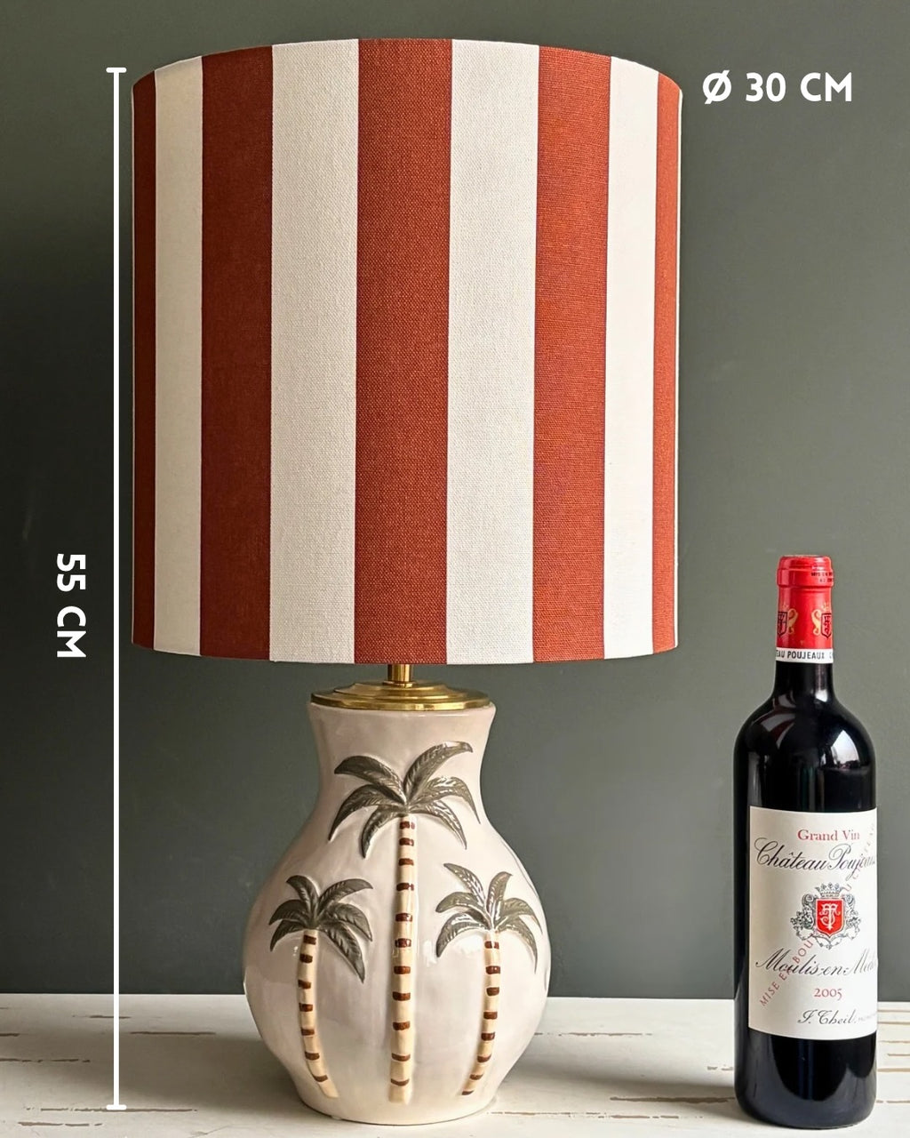 Coastal Palm Ceramic Table Lamp with Striped Shade – Handmade Tropical Accent Lighting for Elegant Home Décor