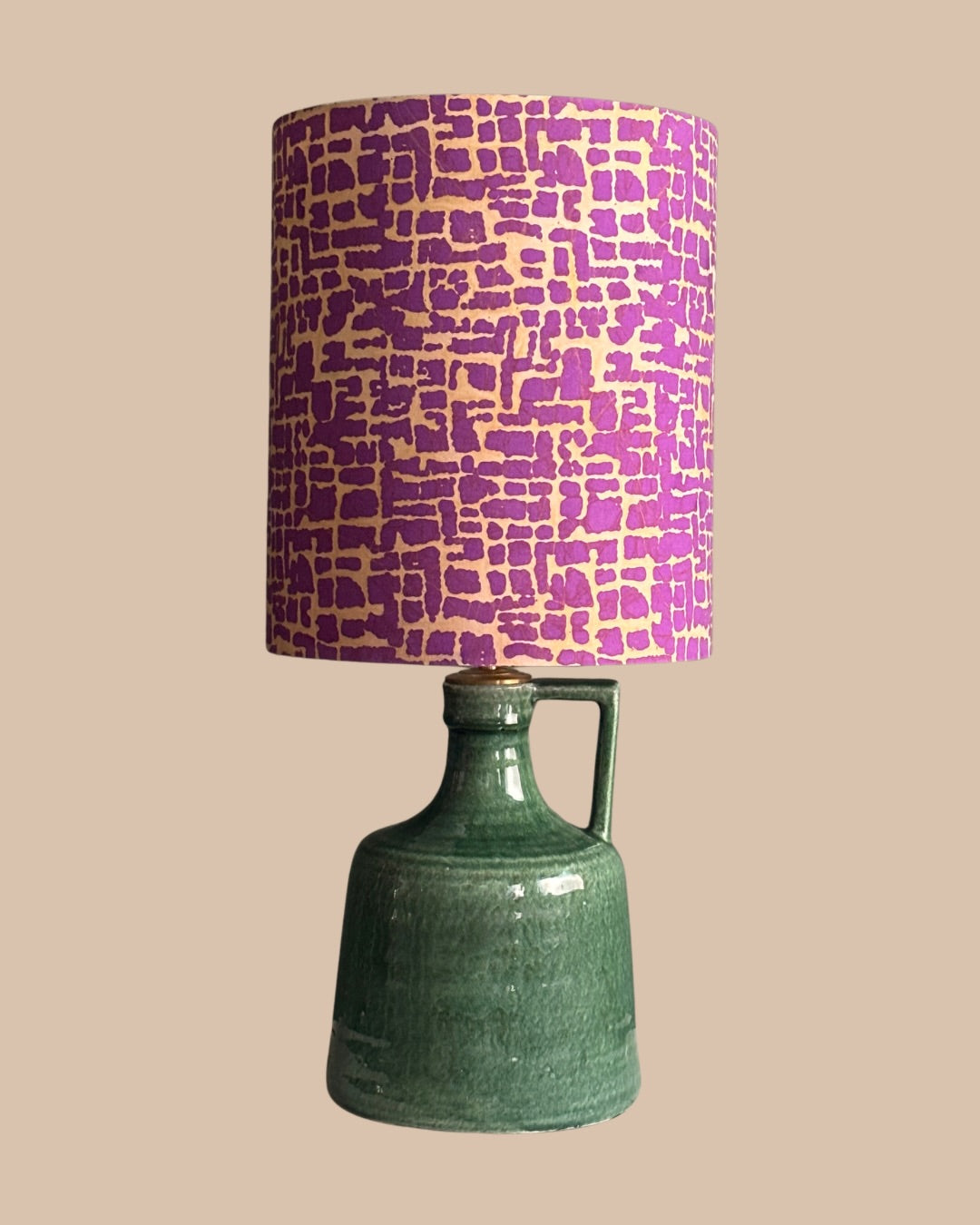 Handcrafted Ceramic Table Lamp with Emerald Green Base & Artistic Purple Pattern Shade
