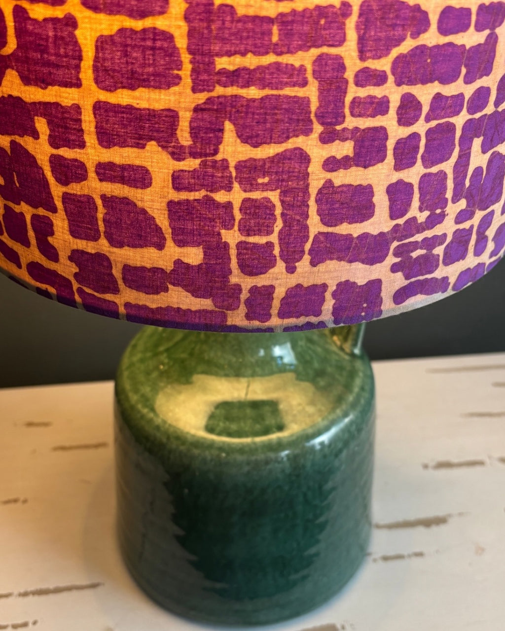 Handcrafted Ceramic Table Lamp with Emerald Green Base & Artistic Purple Pattern Shade
