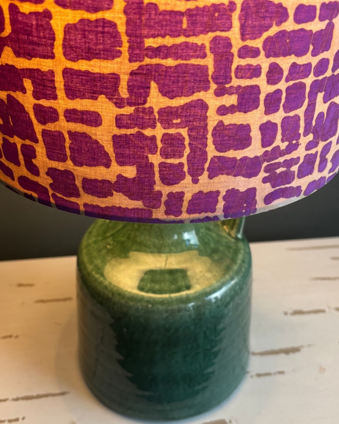 Handcrafted Ceramic Table Lamp with Emerald Green Base & Artistic Purple Pattern Shade