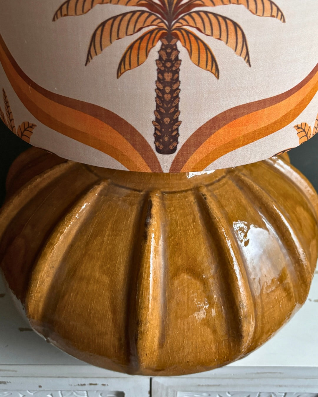 Handcrafted Ceramic Table Lamp with Vintage Palm Tree Pattern Shade & Sculptural Brown Base – Warm Tropical Style Home Lighting
