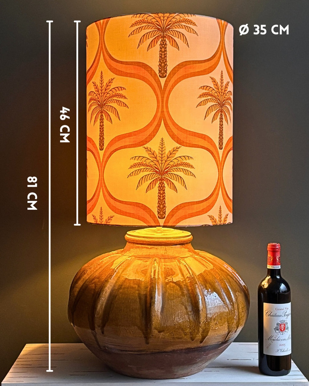 Handcrafted Ceramic Table Lamp with Vintage Palm Tree Pattern Shade & Sculptural Brown Base – Warm Tropical Style Home Lighting