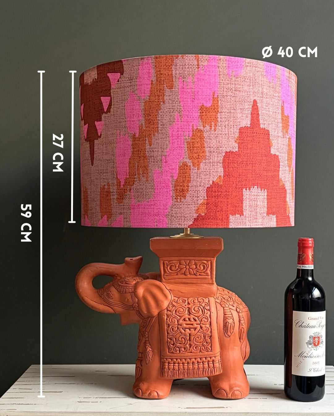 Handcrafted Ceramic Elephant Table Lamp with Abstract Pink Pattern Shade – Artistic Statement Lighting for Elegant Interiors