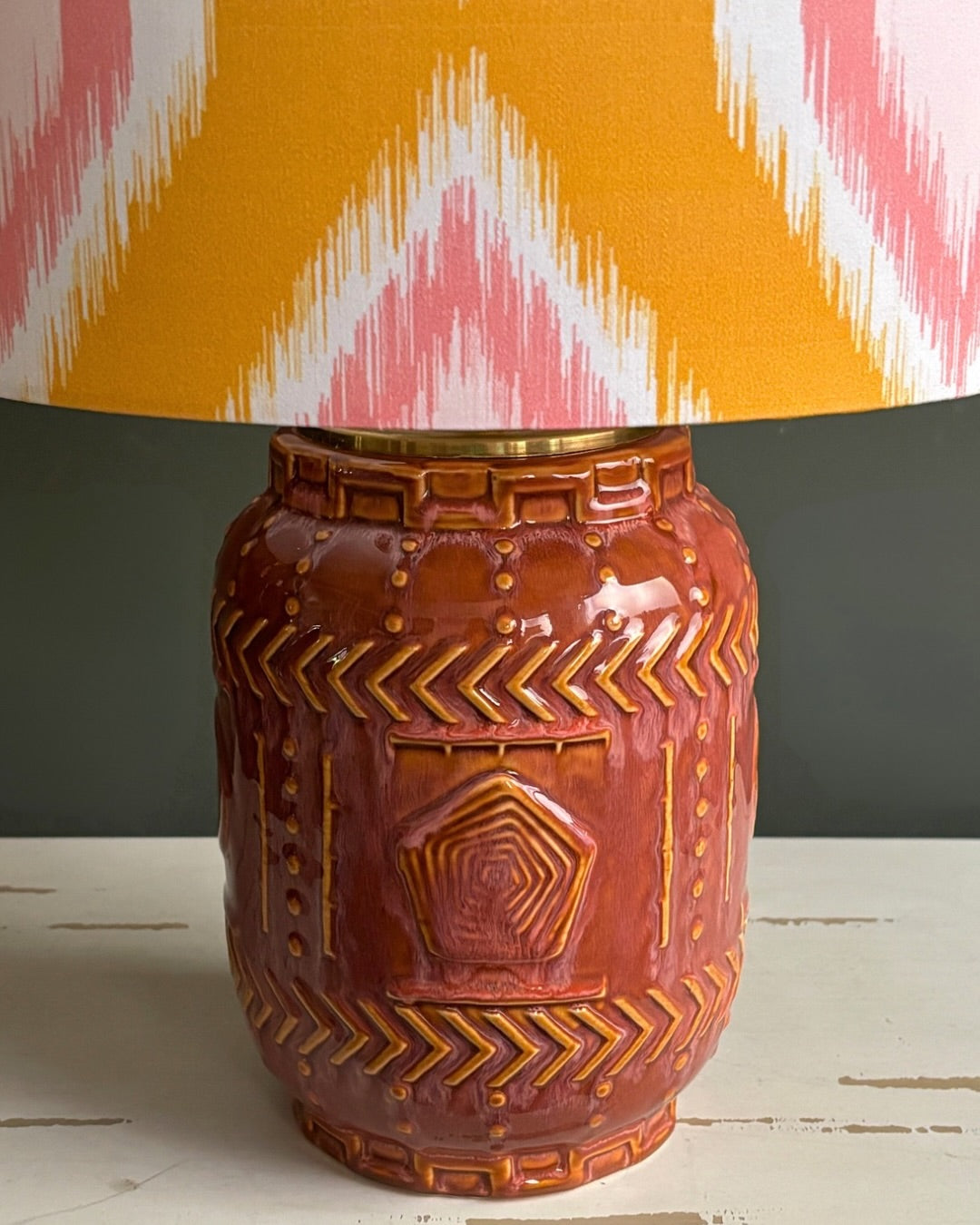 Handcrafted Ceramic Table Lamp with Terracotta Glazed Base & Ikat Pattern Shade