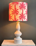 Handcrafted White Ceramic Table Lamp with Pink Palm Leaf Shade – Elegant Tropical Accent Lighting for Modern Homes