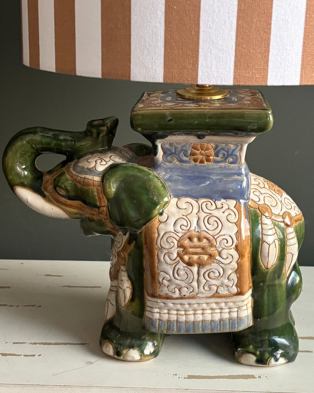 Handcrafted Elephant Ceramic Table Lamp with Striped Linen Shade & Vintage Artistic Design