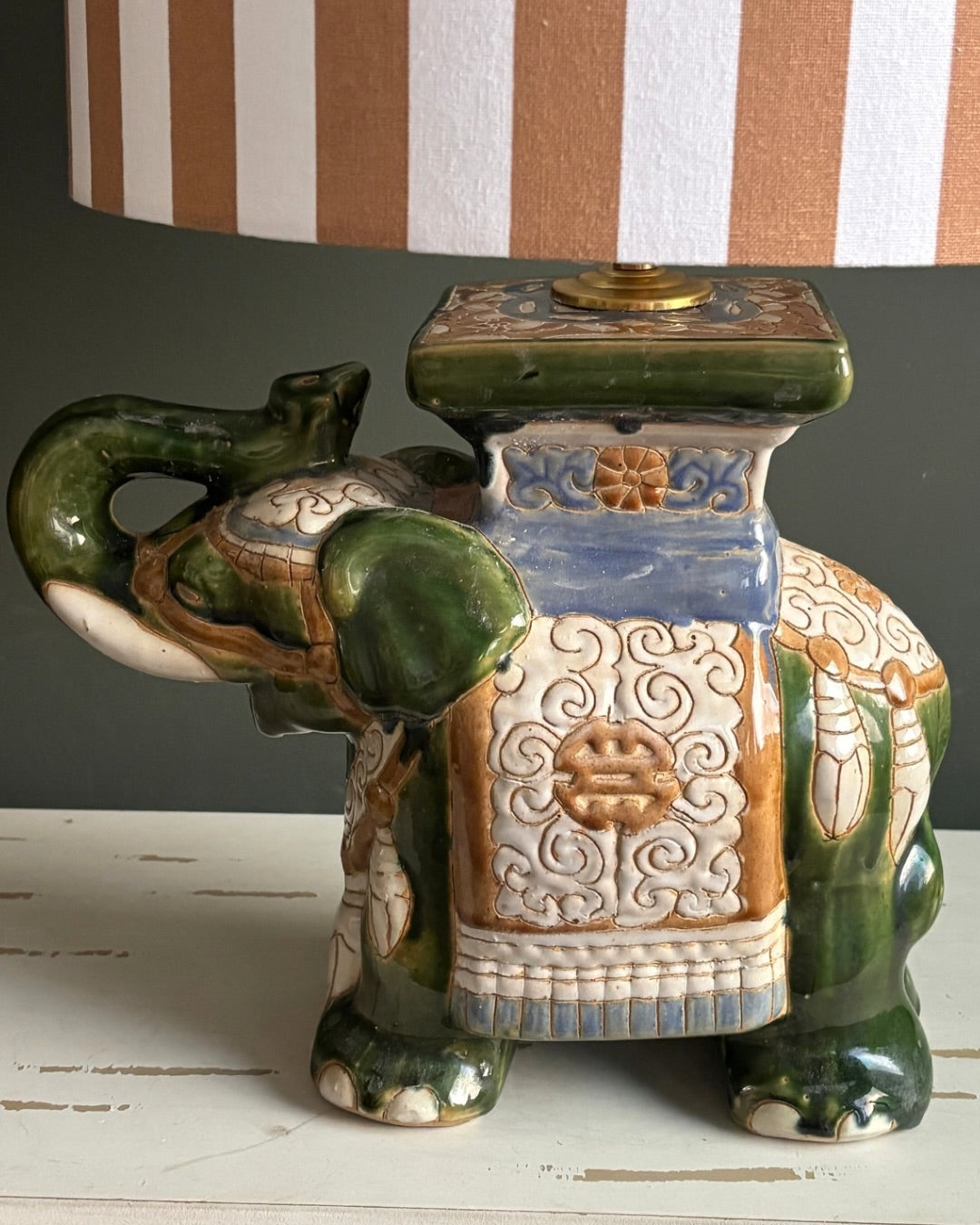 Handcrafted Elephant Ceramic Table Lamp with Striped Linen Shade & Vintage Artistic Design