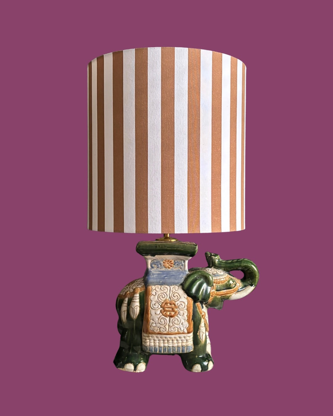 Handcrafted Elephant Ceramic Table Lamp with Striped Linen Shade & Vintage Artistic Design