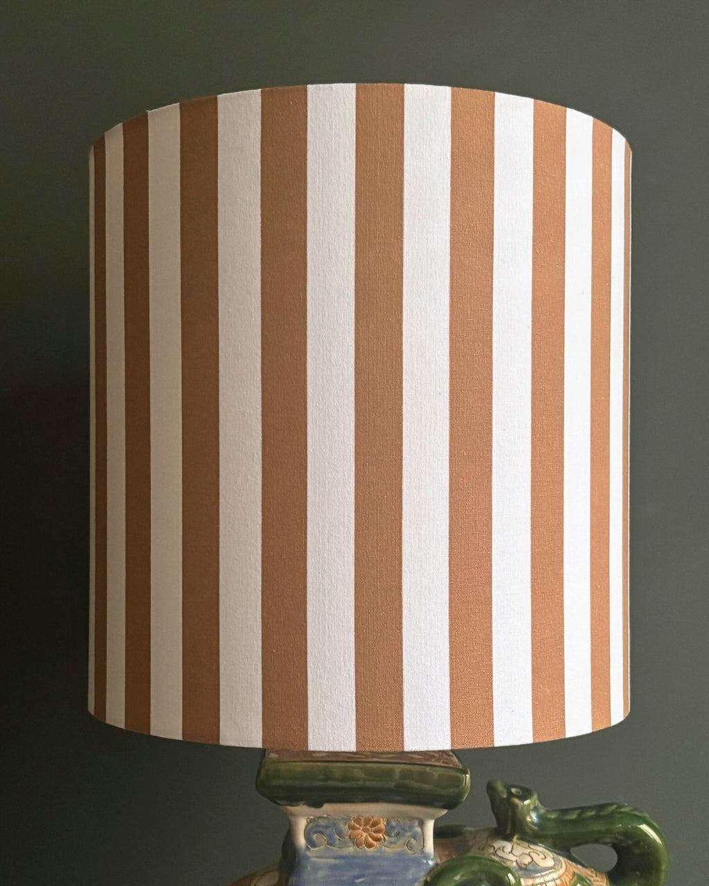 Handcrafted Elephant Ceramic Table Lamp with Striped Linen Shade & Vintage Artistic Design