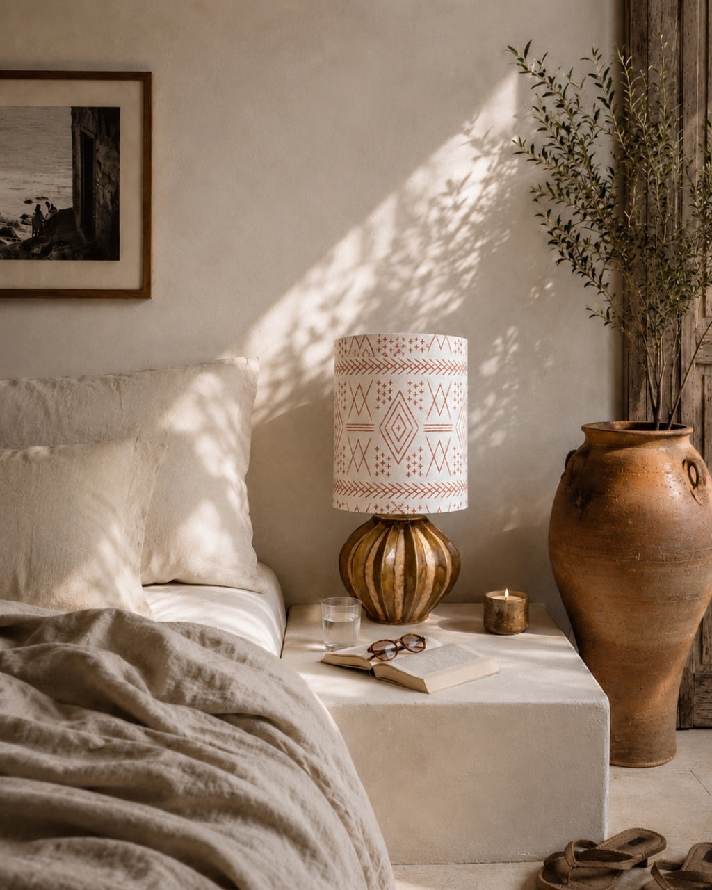 Handcrafted Ceramic Table Lamp with Ribbed Golden Brown Base & Geometric Tribal Pattern Shade