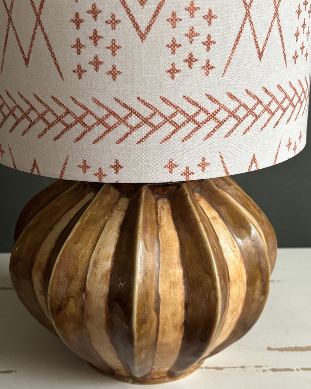 Handcrafted Ceramic Table Lamp with Ribbed Golden Brown Base & Geometric Tribal Pattern Shade
