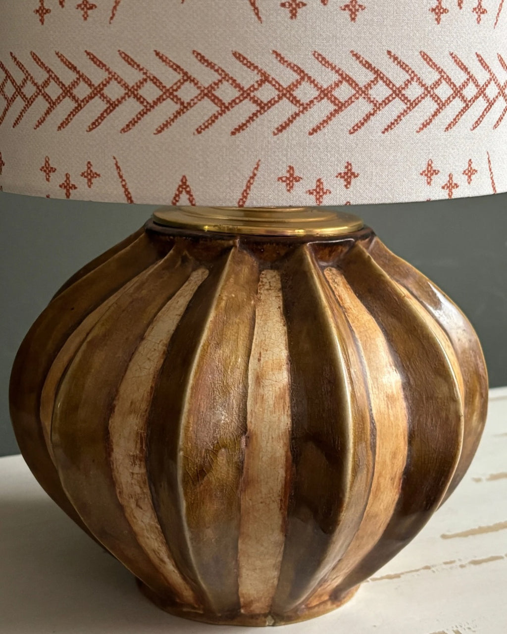 Handcrafted Ceramic Table Lamp with Ribbed Golden Brown Base & Geometric Tribal Pattern Shade