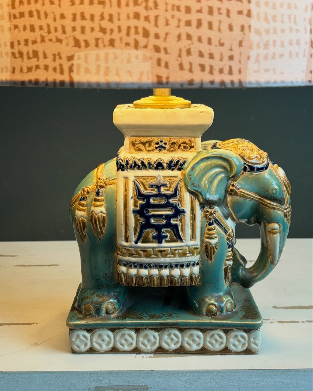 Handcrafted Elephant Ceramic Table Lamp with Textured Linen Shade & Vintage Oriental Design