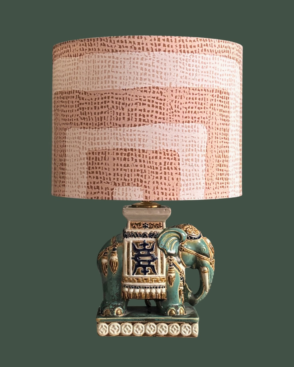 Handcrafted Elephant Ceramic Table Lamp with Textured Linen Shade & Vintage Oriental Design