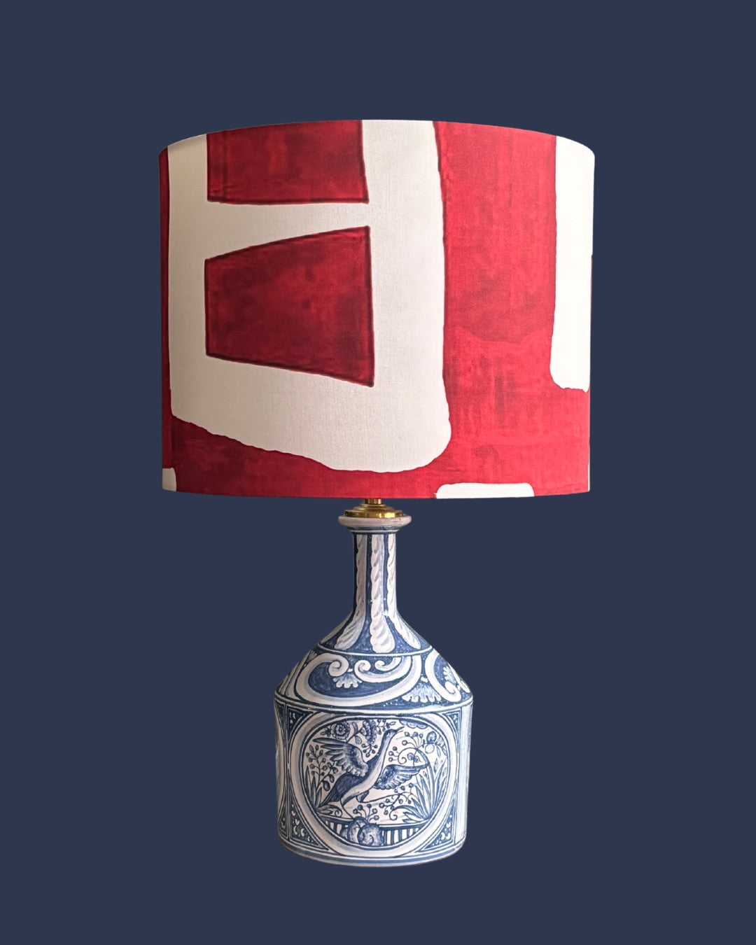 Handcrafted Blue & White Ceramic Table Lamp with Red Abstract Linen Shade – Vintage Artistic Lighting