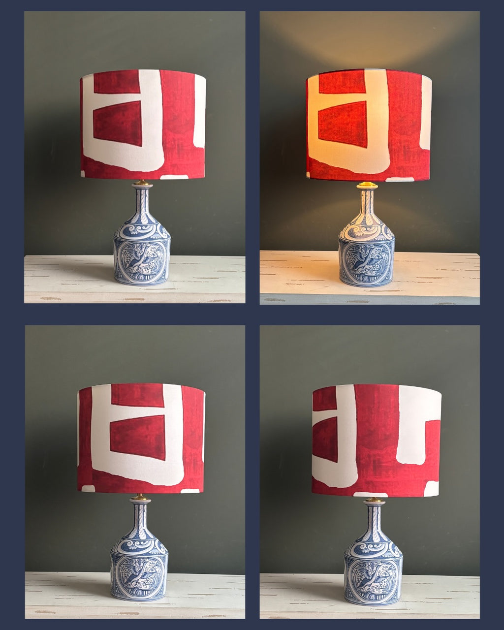 Handcrafted Blue & White Ceramic Table Lamp with Red Abstract Linen Shade – Vintage Artistic Lighting