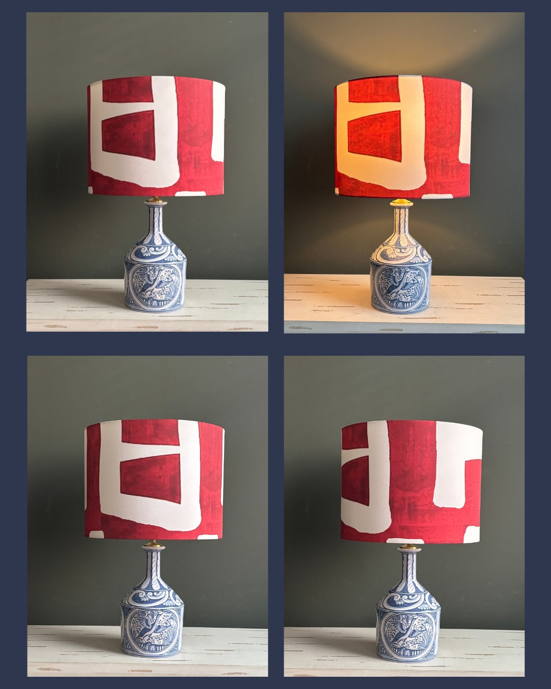Handcrafted Blue & White Ceramic Table Lamp with Red Abstract Linen Shade – Vintage Artistic Lighting