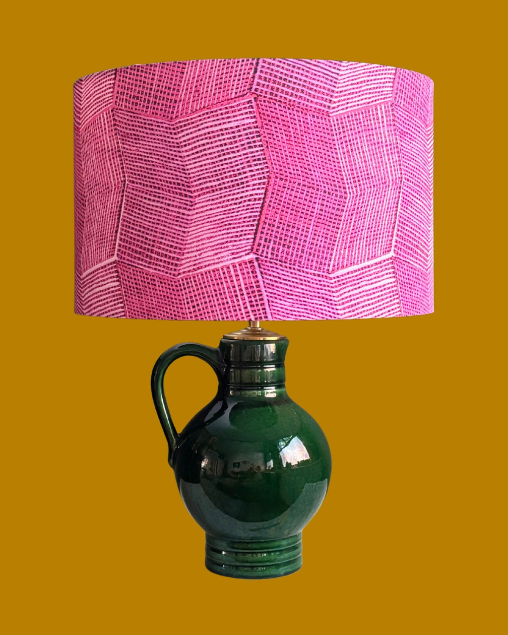 Handcrafted Green Ceramic Table Lamp with Pink Textured Fabric Shade & Modern Artisan Style