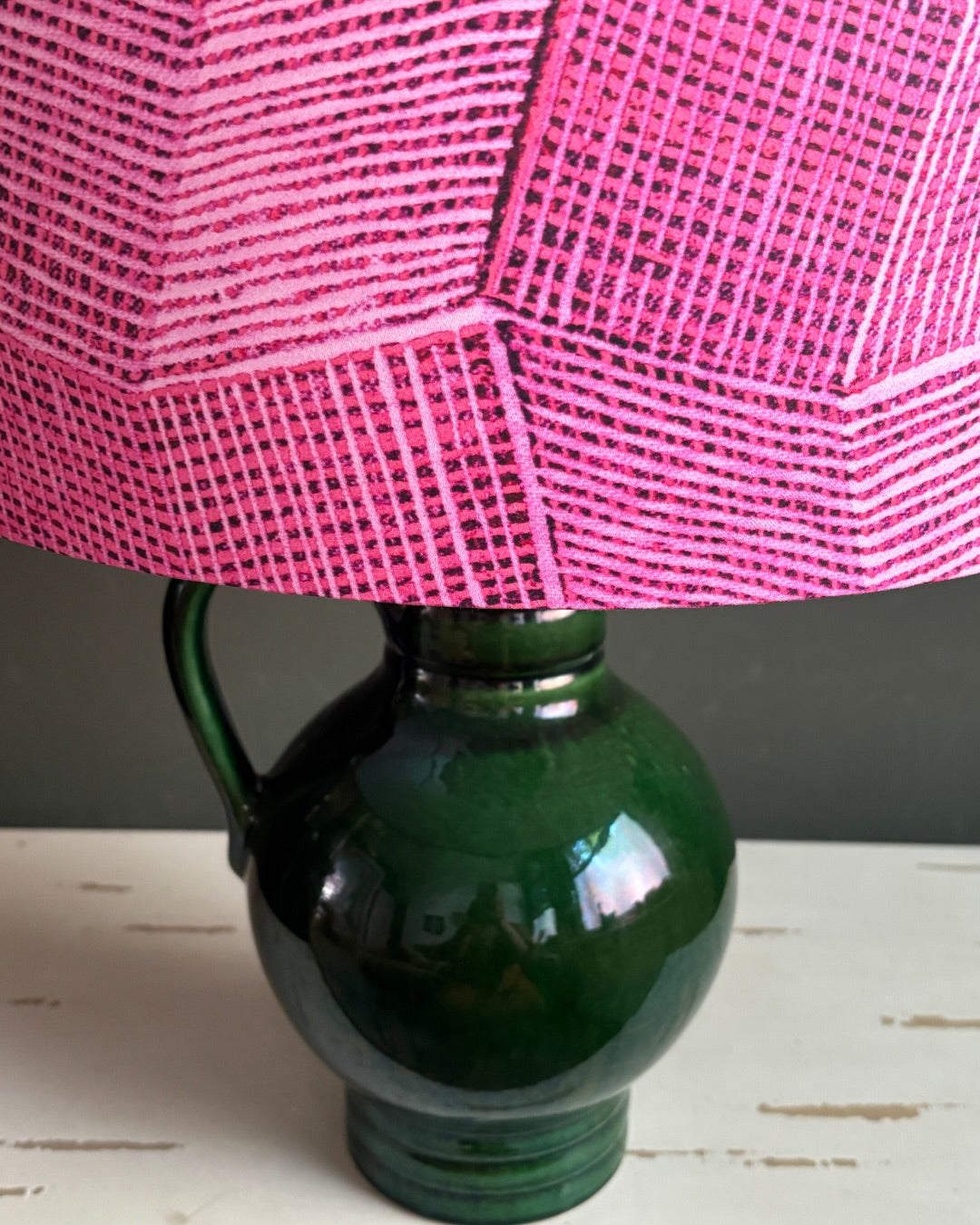 Handcrafted Green Ceramic Table Lamp with Pink Textured Fabric Shade & Modern Artisan Style