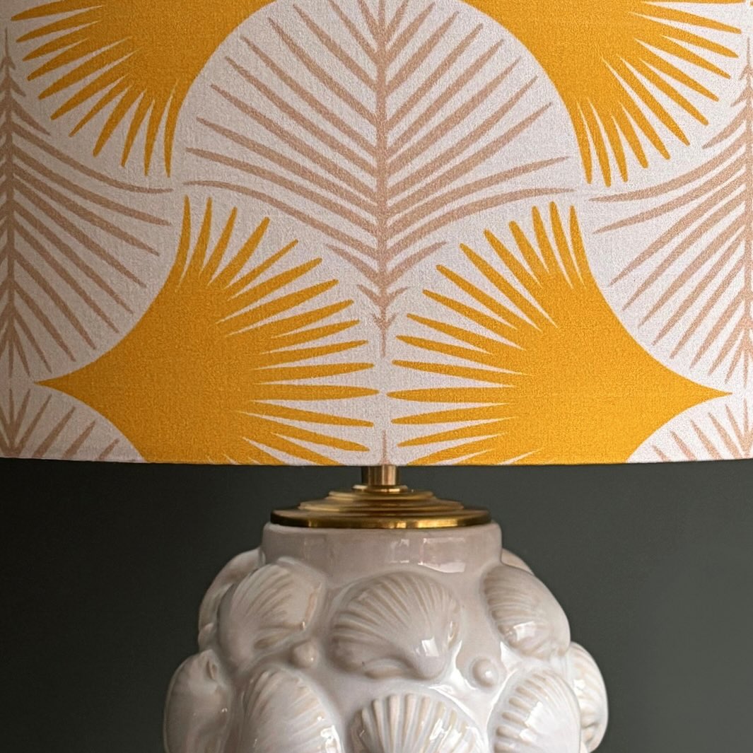 Handcrafted White Ceramic Table Lamp with Textured Shell Base – Modern Mustard Botanical Pattern Shade Accent Light