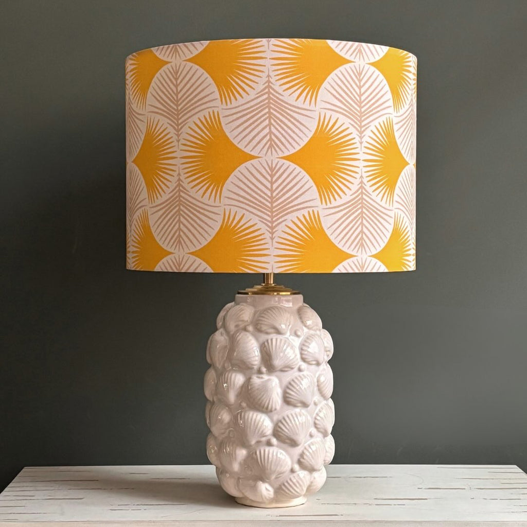 Handcrafted White Ceramic Table Lamp with Textured Shell Base – Modern Mustard Botanical Pattern Shade Accent Light
