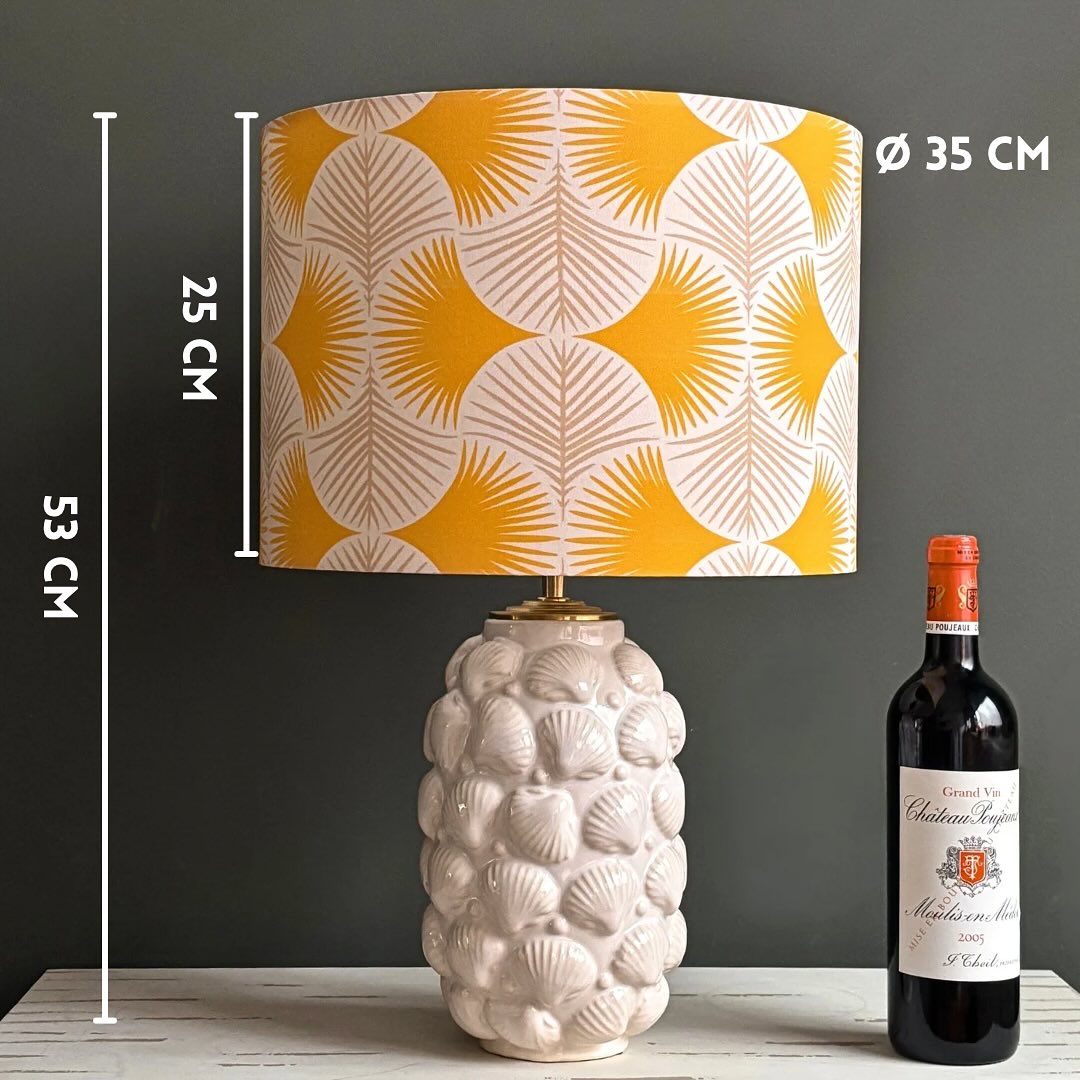 Handcrafted White Ceramic Table Lamp with Textured Shell Base – Modern Mustard Botanical Pattern Shade Accent Light
