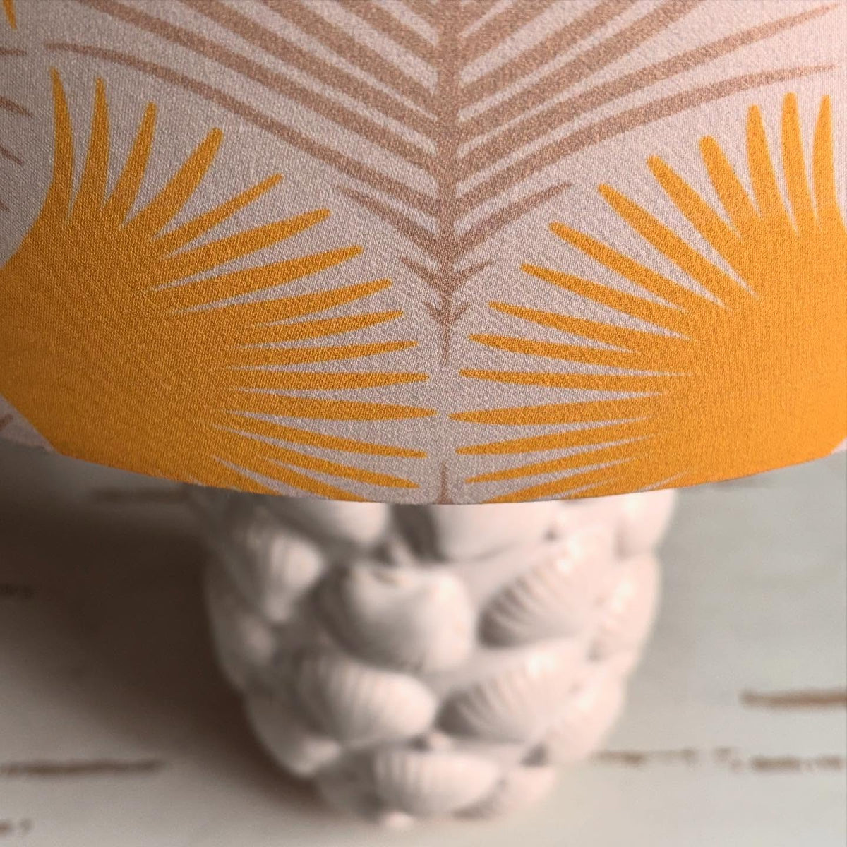 Handcrafted White Ceramic Table Lamp with Textured Shell Base – Modern Mustard Botanical Pattern Shade Accent Light