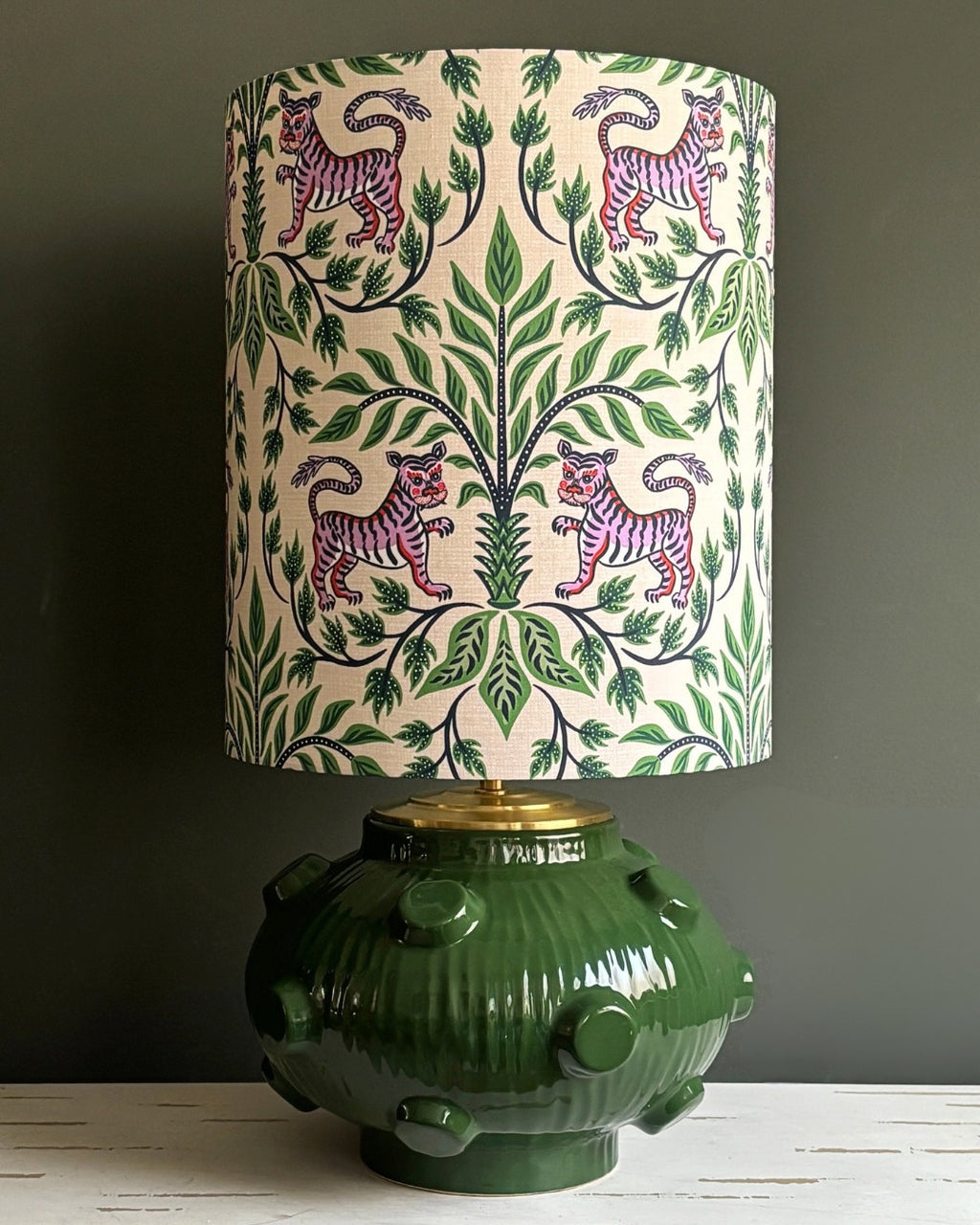 Vintage Tiger Ceramic Table Lamp with Botanical Pattern Shade – Handcrafted Statement Lighting for Elegant Interiors