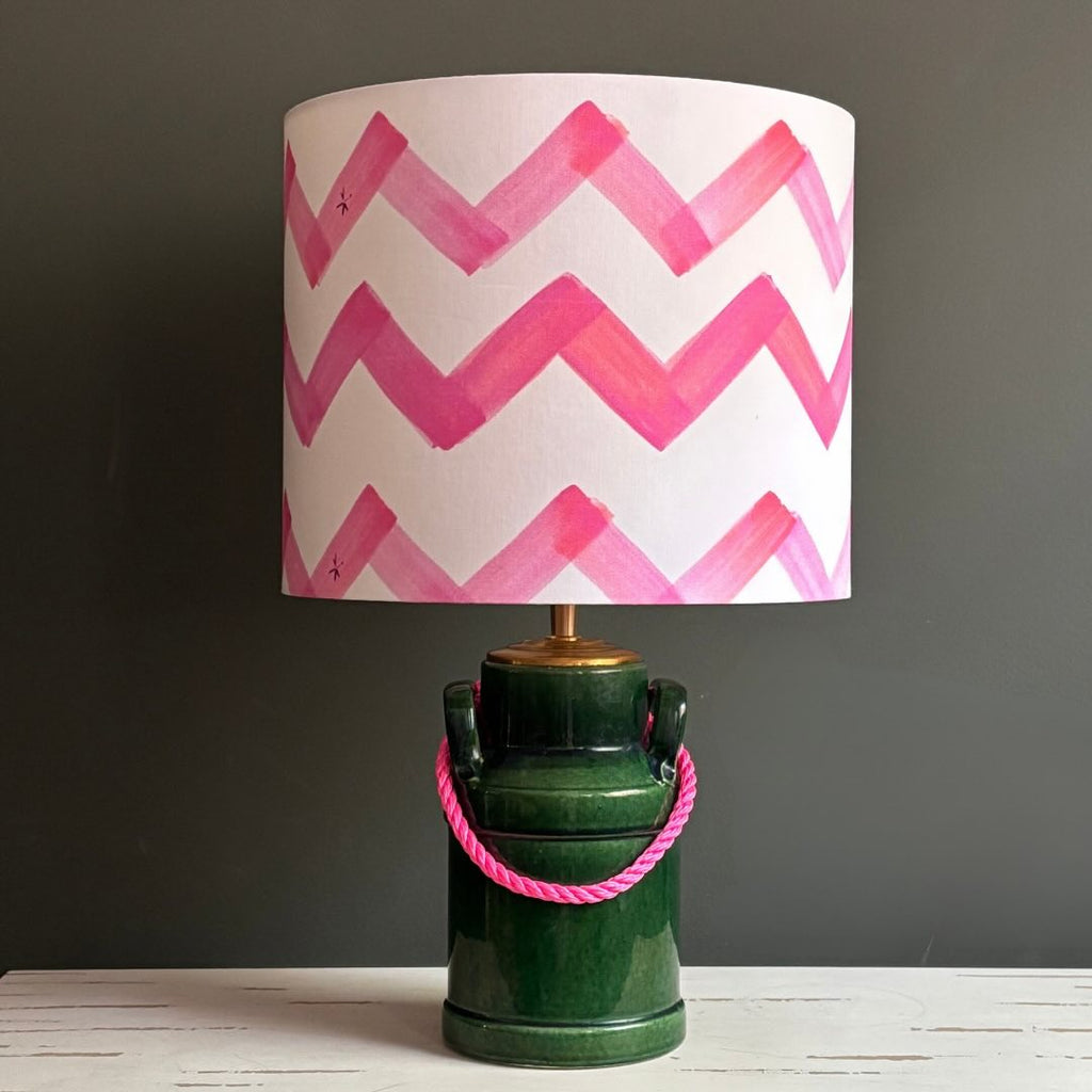 Handcrafted Green Ceramic Table Lamp with Pink Chevron Shade – Artistic Statement Lighting for Modern Interiors