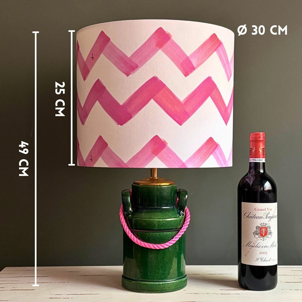 Handcrafted Green Ceramic Table Lamp with Pink Chevron Shade – Artistic Statement Lighting for Modern Interiors