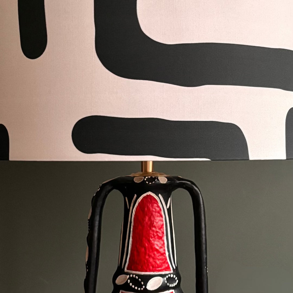 Handcrafted Red Ceramic Table Lamp with Black & White Abstract Shade – Artistic Vintage Accent Light for Modern Interiors