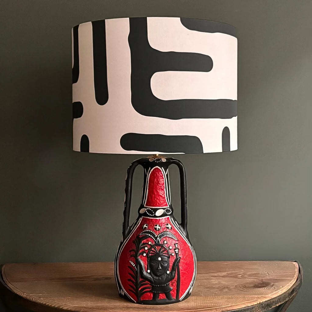 Handcrafted Red Ceramic Table Lamp with Black & White Abstract Shade – Artistic Vintage Accent Light for Modern Interiors