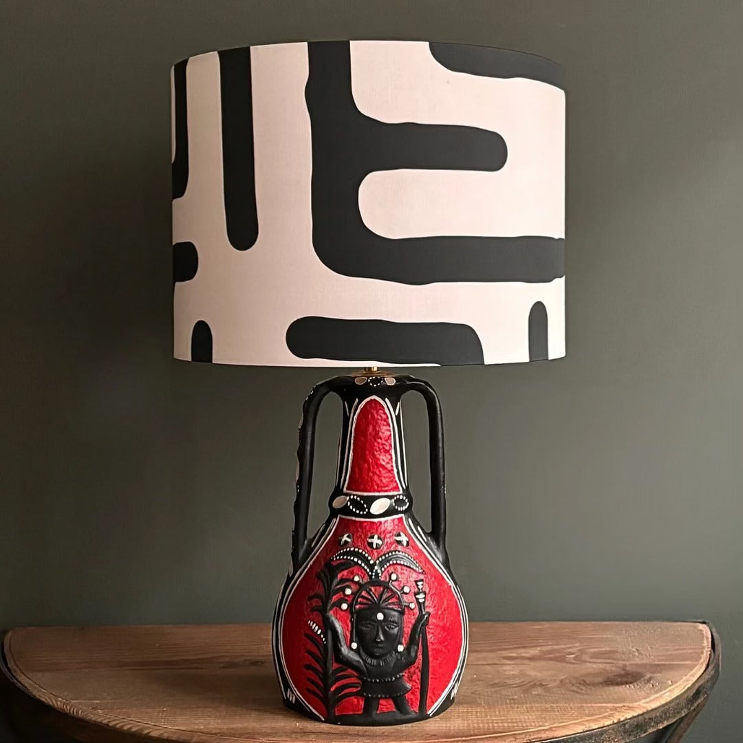 Handcrafted Red Ceramic Table Lamp with Black & White Abstract Shade – Artistic Vintage Accent Light for Modern Interiors