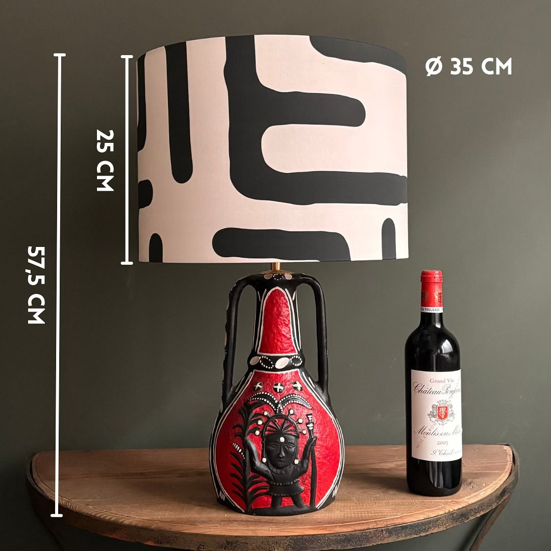 Handcrafted Red Ceramic Table Lamp with Black & White Abstract Shade – Artistic Vintage Accent Light for Modern Interiors