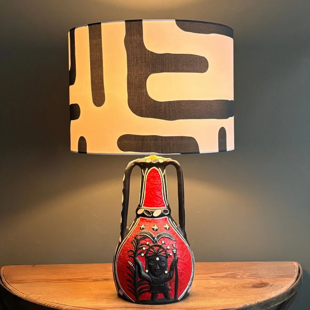 Handcrafted Red Ceramic Table Lamp with Black & White Abstract Shade – Artistic Vintage Accent Light for Modern Interiors