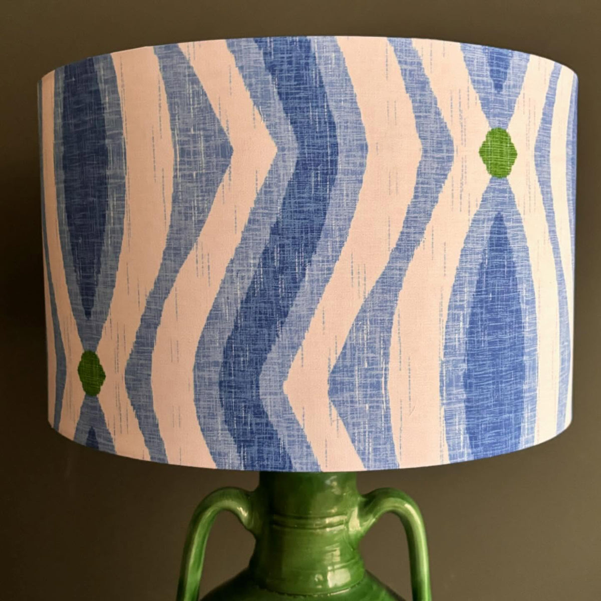 Handcrafted Green Ceramic Table Lamp with Blue Wave Linen Shade – Modern Rustic Accent Lighting for Home Decor