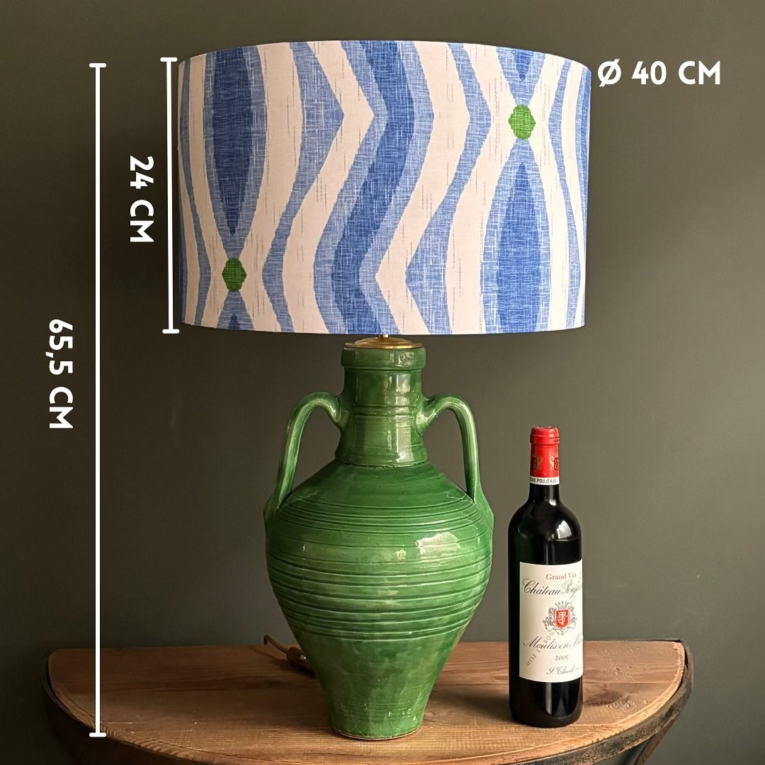 Handcrafted Green Ceramic Table Lamp with Blue Wave Linen Shade – Modern Rustic Accent Lighting for Home Decor