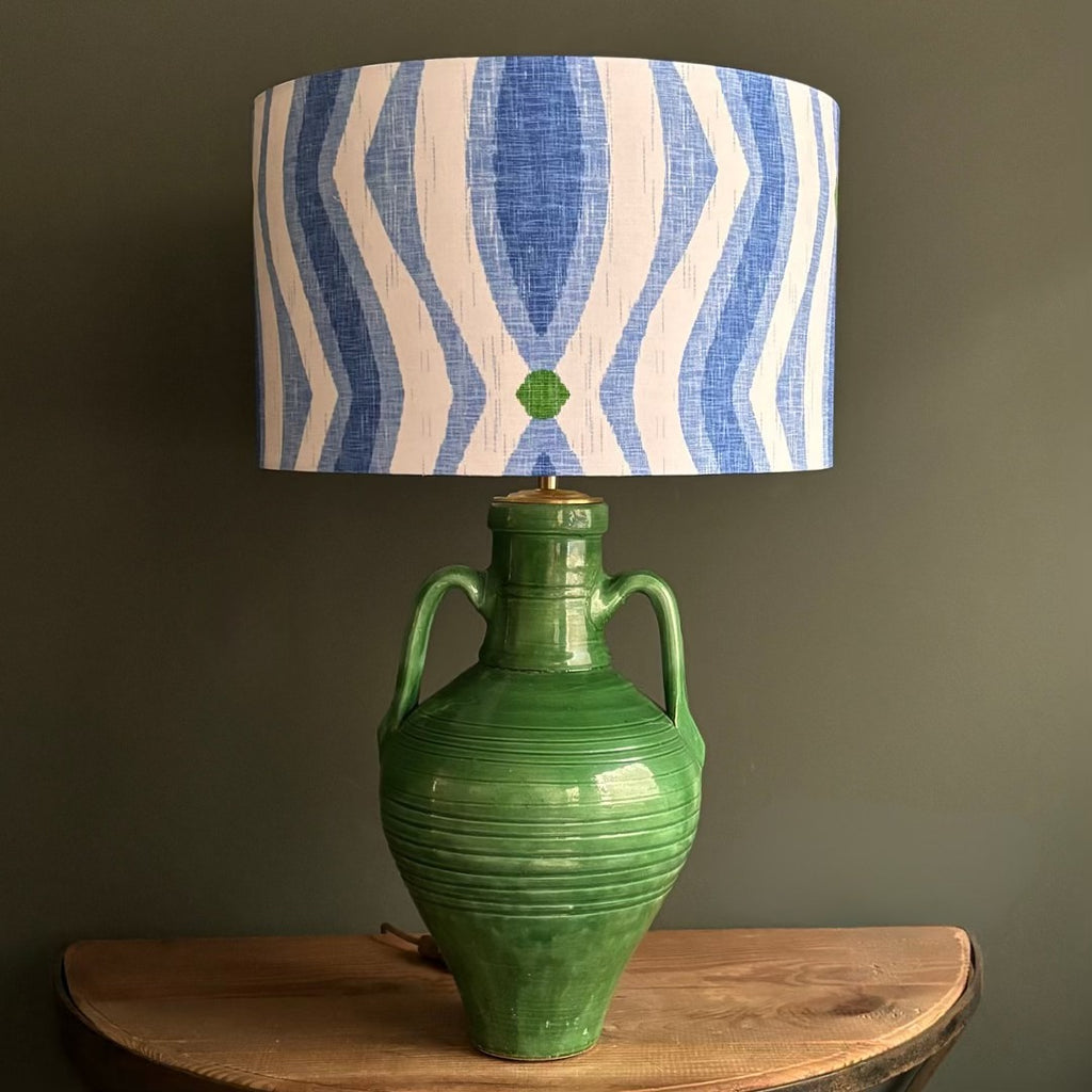Handcrafted Green Ceramic Table Lamp with Blue Wave Linen Shade – Modern Rustic Accent Lighting for Home Decor
