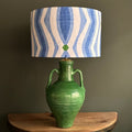 Handcrafted Green Ceramic Table Lamp with Blue Wave Linen Shade – Modern Rustic Accent Lighting for Home Decor