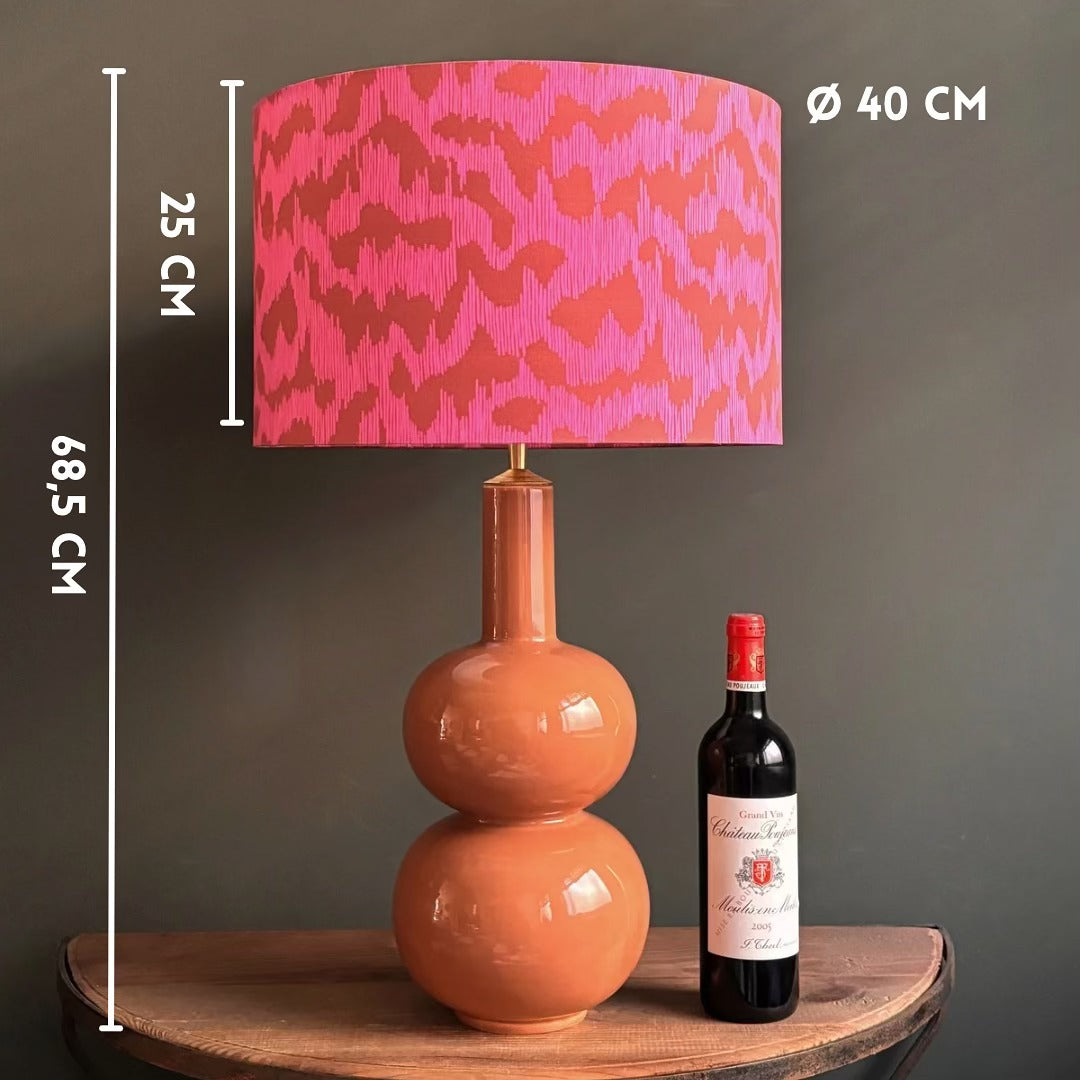 Modern Coral Ceramic Table Lamp with Pink Abstract Fabric Shade – Handmade Decorative Accent Light for Contemporary Interiors